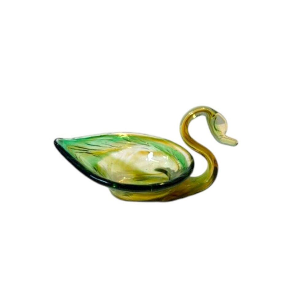 Vintage Green Amber Art Glass Swan Bowl Trinket Dish